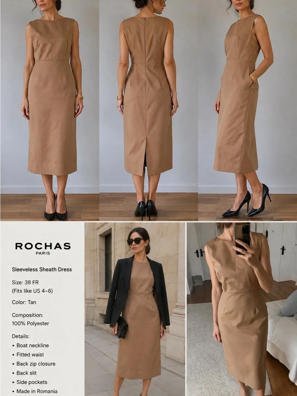 Rochas Tan Sleeveless Boatneck Sheath Dress